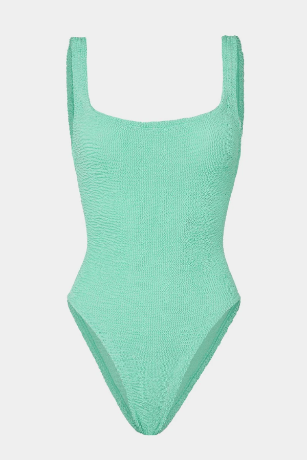 Square Neck Swim Metallic Mint by Hunza G – Timeless one-size swimsuit with scooped back and medium support in sculpting crinkle fabric