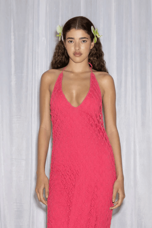 Reis Macrame Maxi Dress Candy by The Wolf Gang – Handmade cotton macrame with bold beaded hem, perfect for festivals and beachside glamour.