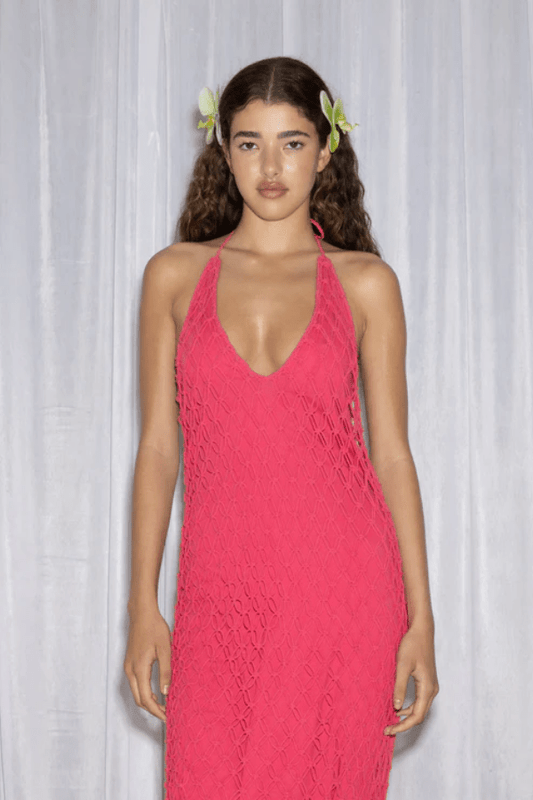 Reis Macrame Maxi Dress Candy by The Wolf Gang – Handmade cotton macrame with bold beaded hem, perfect for festivals and beachside glamour.