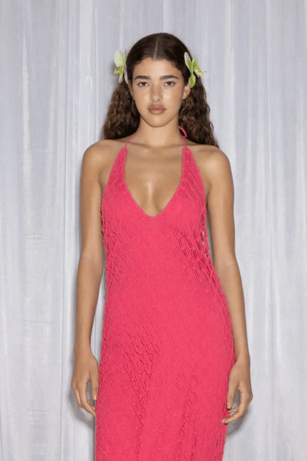 Reis Macrame Maxi Dress Candy by The Wolf Gang – Handmade cotton macrame with bold beaded hem, perfect for festivals and beachside glamour.