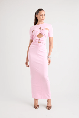 Florence Dress Pink by Pfeiffer – A trendy fitted maxi with cut-out hardware accents, crafted from soft cotton-spandex. Perfect for chic, ethical day-to-night wear. Made in Australia with care.
