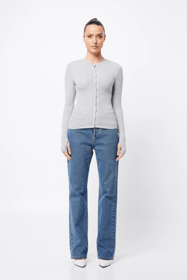 Lyon Cardigan Grey Marle by Mossman, warm double-layer ribbed jersey with round neckline, button front, and thumbhole sleeves, perfect for trendy viral layering and sleek everyday style.