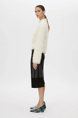 Frieze Mini Dress Cream by Camilla and Marc – Trendy mini with mock neck, removable scarf, and flared extra-long sleeves; perfect for chic day-to-night style.