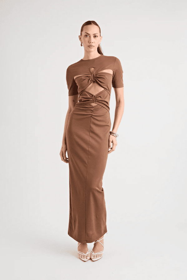 Florence Dress Chocolate by Pfeiffer – A chic fitted maxi with cut-out hardware accents in buttery soft fabric, perfect for stylish, ethical day-to-night looks.