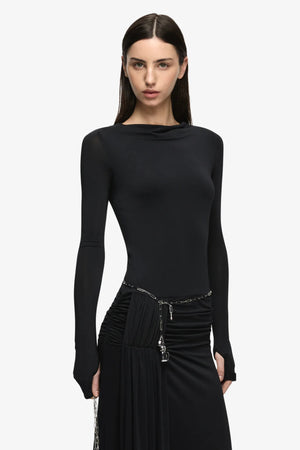 Andrea Long Sleeve Maxi Dress Black by Bec + Bridge – jersey maxi dress with straight neckline and gathered hip drape.