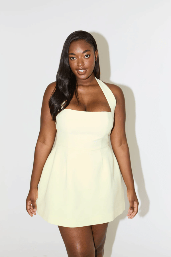 The Ultimate Muse Structured Mini Dress by Odd Muse – A viral lime mini with halter neckline, cinched waist, and a signature flared hem.
