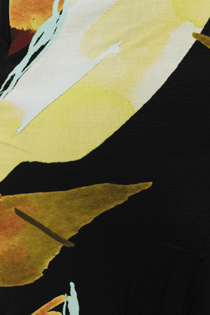 Petals Of Paradise Long Sleeve Midi Dress Print by Rebecca Vallance – Printed jersey, tie neck, gathered waist, front