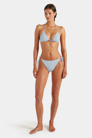 Gina Beaded Bikini Metallic Ice Blue by Hunza G, crinkle triangle bikini with beads, perfect for beach or pool styling