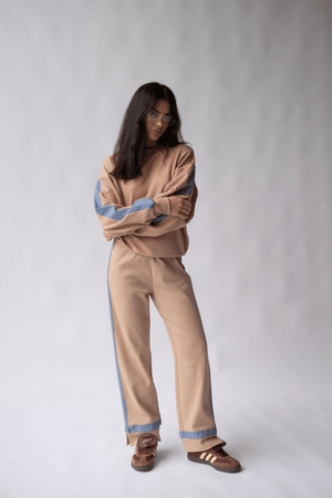 Maya Knit Pant Nougat by Araminta James, soft cotton knit pants with contrast trims and split hems, perfect for chic, comfortable leisurewear looks.