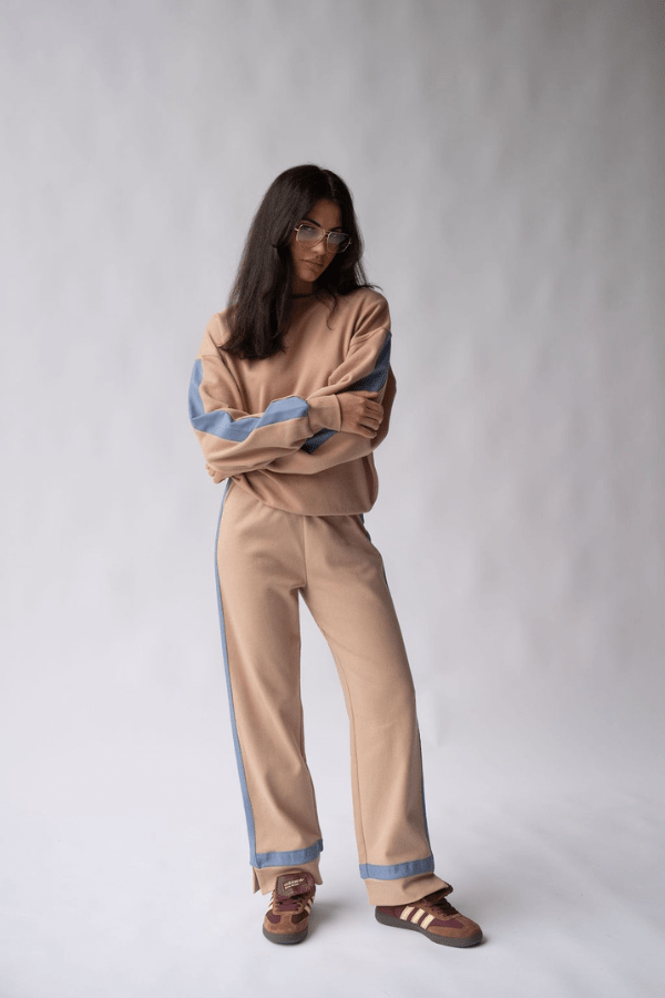 Maya Knit Pant Nougat by Araminta James, soft cotton knit pants with contrast trims and split hems, perfect for chic, comfortable leisurewear looks.