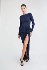 Suri Gown Navy by Pfeiffer, reversible jersey maxi dress with low back and adjustable gathered split