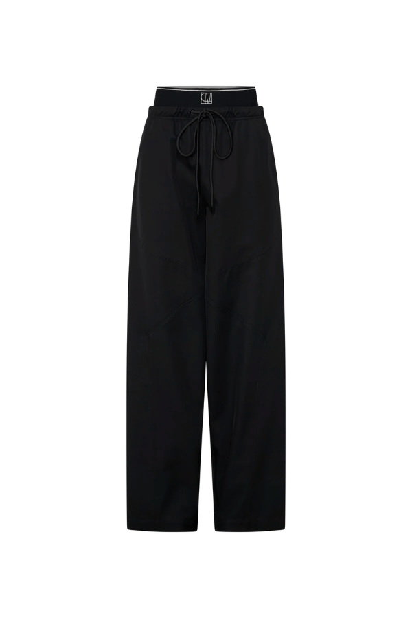 Cella Monogram Elastic Pant Black by Camilla and Marc, relaxed mid-rise pant with monogram waistband, slant pockets, and refined panel stitching.