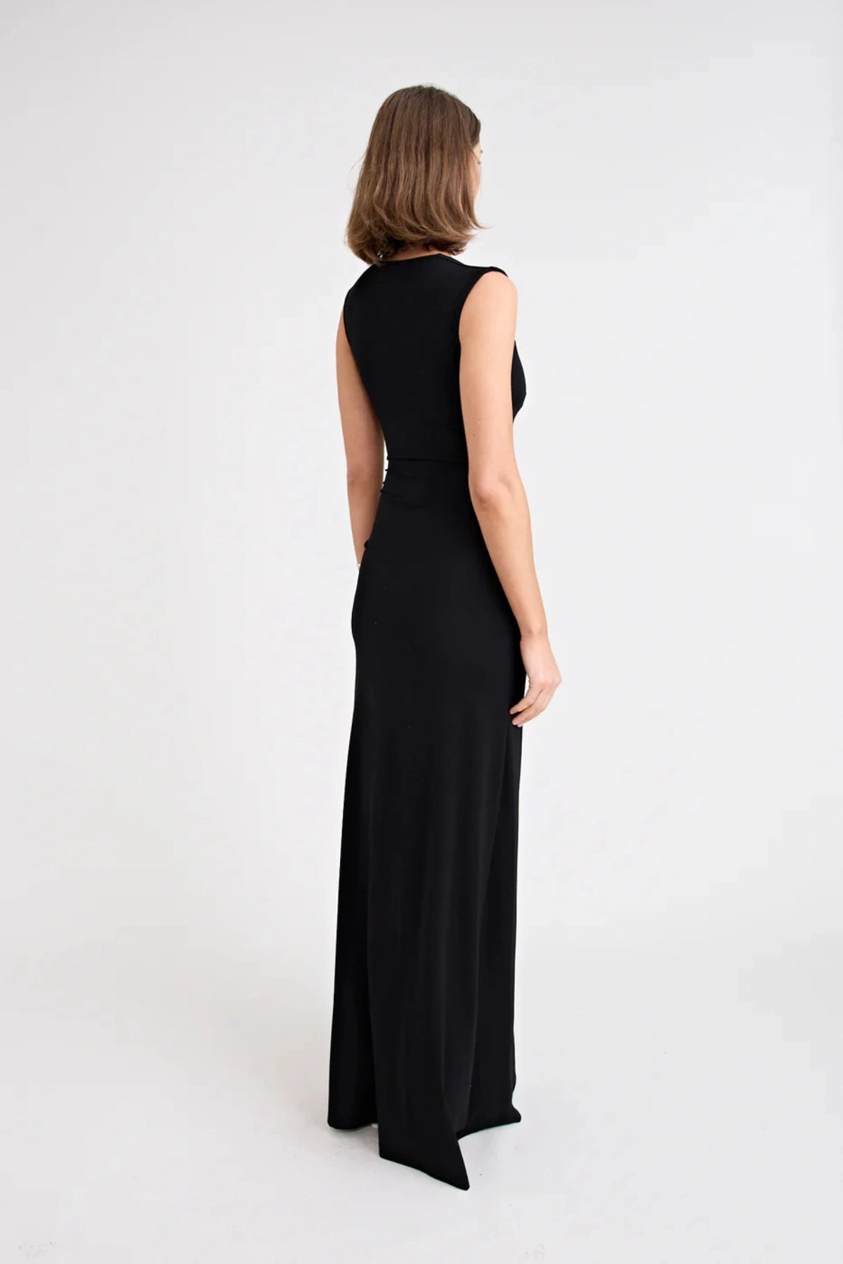 Samara Dress by Pfeiffer — a full-length jersey dress with a square neckline and adjustable front split, perfect for elegant occasions.