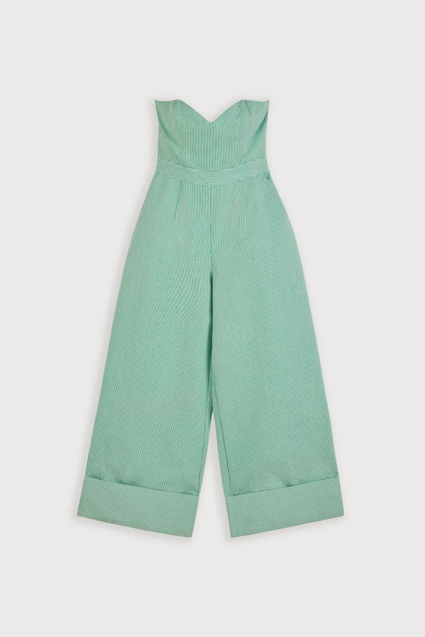 Cotton Mix Pinstripe Jumpsuit Green Pinstripe