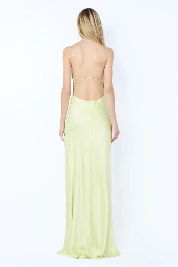Florence Scoop Maxi Dress by Bec + Bridge — wasabi green bias-cut maxi with plunge neckline and strappy open back.