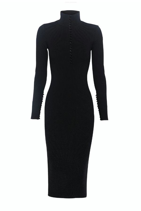Mayfair Long Sleeve Midi Black by Mossman – A sleek, premium crepe knit midi with high neckline, covered buttons, and fitted silhouette, perfect for polished desk-to-dinner looks.