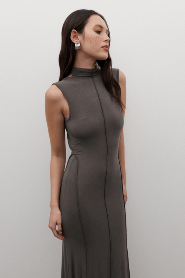 Mae Maxi Dress Smoke by Bayse – A sleek and trendy maxi with a high neckline and daring open back, flowing floor-length for chic evenings or special events.