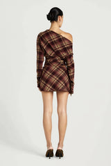 Hera Long Sleeve Top Plum Check by Benni, one shoulder tartan top, perfect for elevated day to night styling