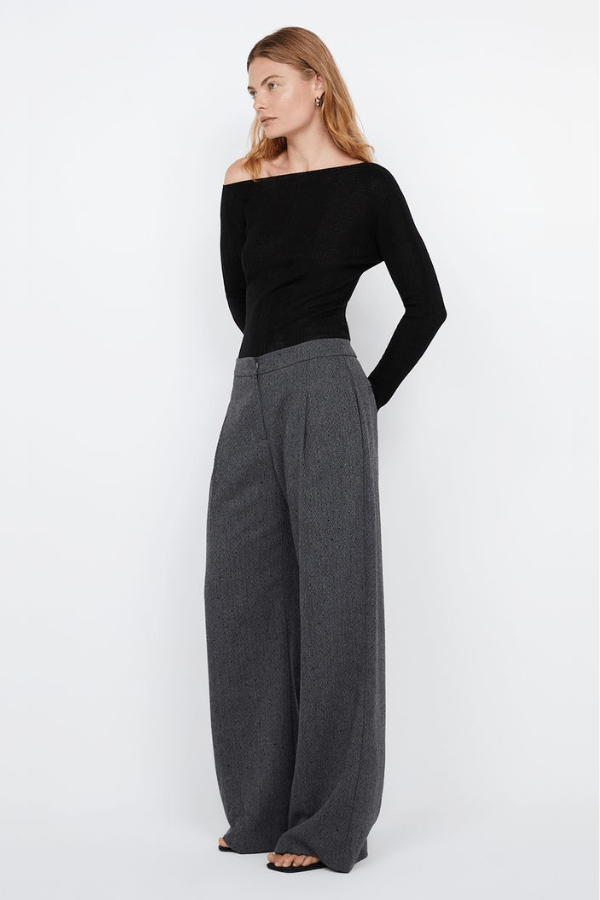 Shae Oversized Pant Charcoal by Bec + Bridge, wide-leg embroidered herringbone suiting with pleat detail, relaxed mid-low waist fit, perfect for work or casual chic.