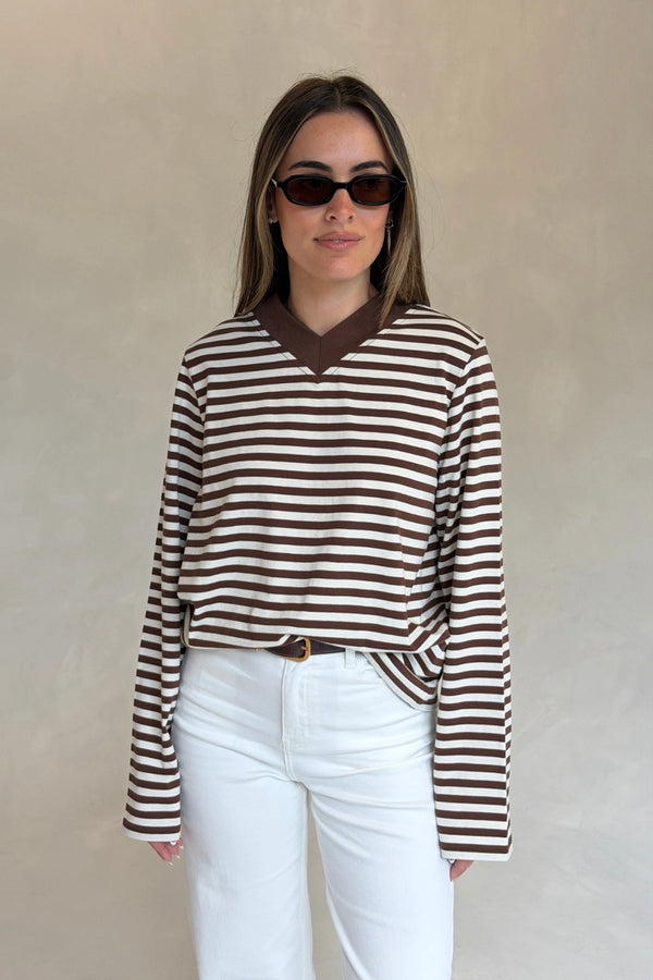 Millie Relaxed Long Sleeve Tee Chocolate Stripe