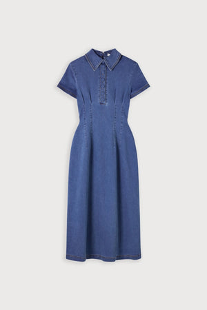 Cotton Mix Denim Collared Midi Dress Light Blue by Odd Muse, structured denim midi dress, perfect for chic day to evening styling