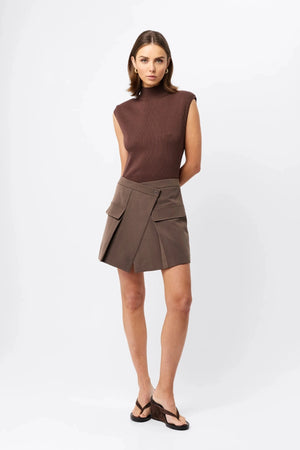 Quiet Force Top by Mossman in sky blue, ribbed sleeveless turtleneck with removable shoulder pads for sleek everyday styling.