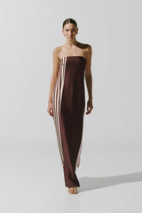 Lola Maxi Dress Caffe Verde by Baobab – strapless satin maxi dress with open back, resin stones and side split.