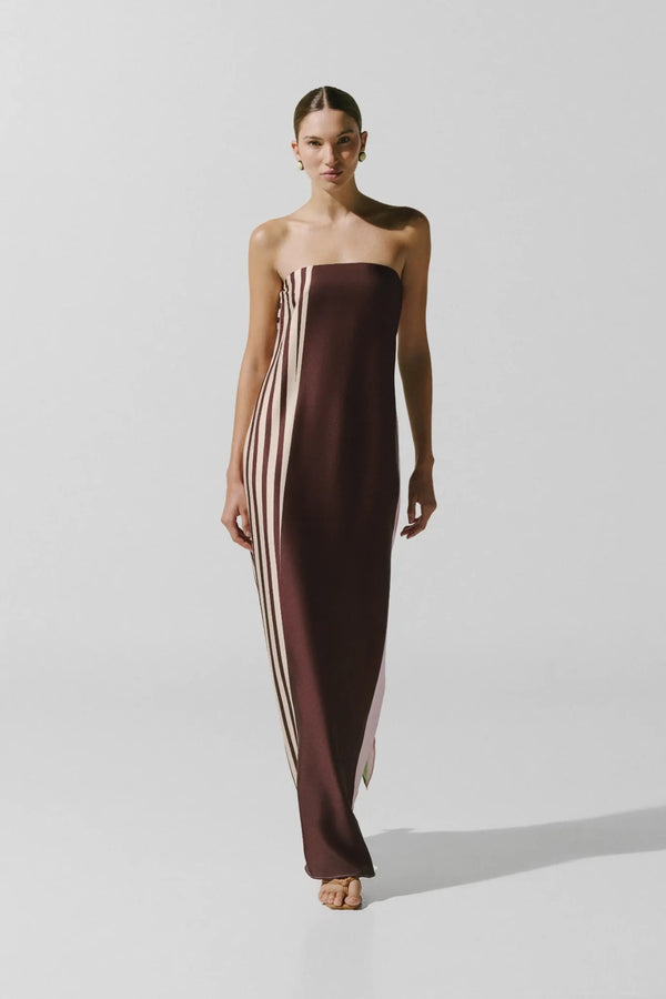 Lola Maxi Dress Caffe Verde by Baobab – strapless satin maxi dress with open back, resin stones and side split.