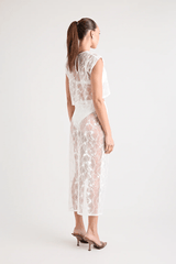 Astrid Lace Top White by Pfeiffer, dreamy lace with keyhole back and relaxed fit, perfect for trendy viral layering over bras or bikinis and chic day-to-night styles.