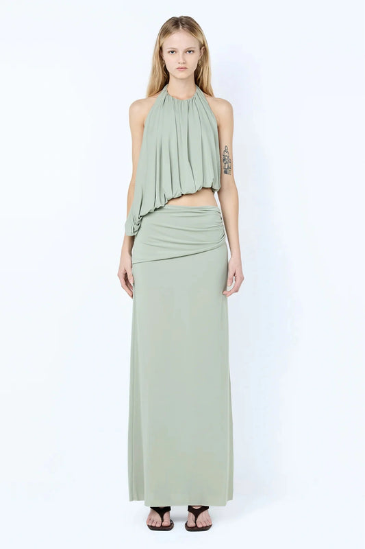 Cadence Racer Maxi Dress by Bec and Bridge, pistachio stretch jersey maxi with sculpted gathers and waist cut-out.