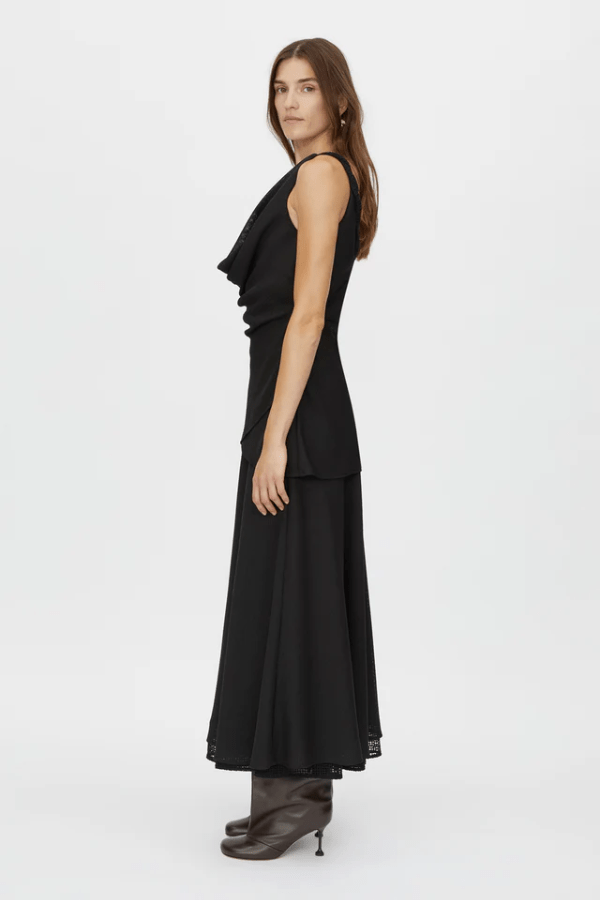 Attar Top Black by Camilla and Marc – draped cowl neck with twisted straps and deep V-back, perfect for elegant dinners or chic evening events.