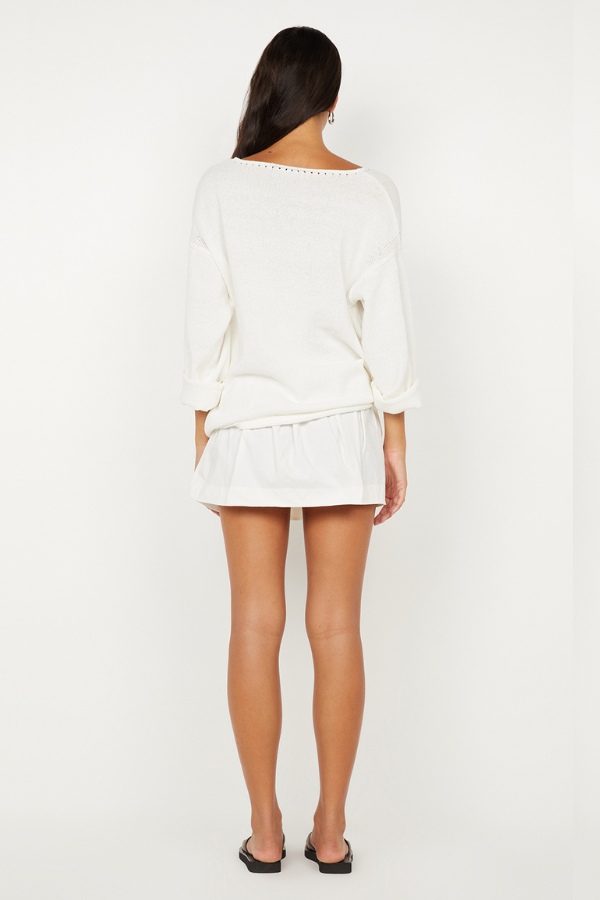 Dante Mini Skirt in Ivory by Bec + Bridge, stretch nylon mini with drawstring waist and gathered finish. Perfect for easy everyday styling.