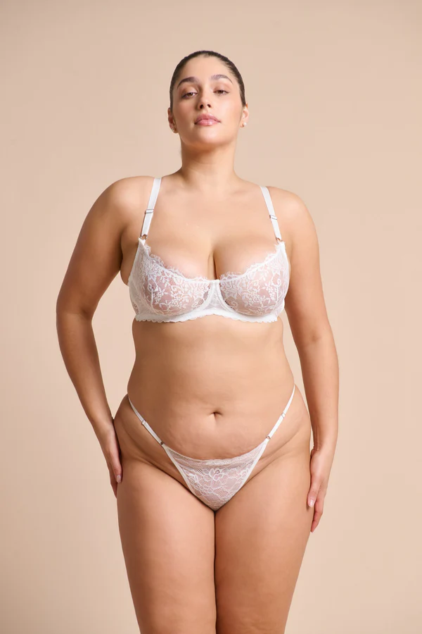 Maverick Underwire in White by Kat the Label, delicate eyelash lace underwire bra with stretch lace wings and silver-tone trims, perfect for combining sensual elegance with all-day comfort.