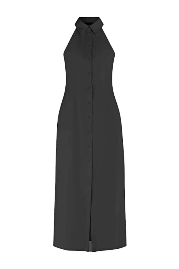 The Ultimate Muse Collar Maxi Dress Black by Odd Muse – A sharp-collared, sleeveless maxi with button front and front slit, perfect for summer dinners, holiday escapes, or elegant city strolls.