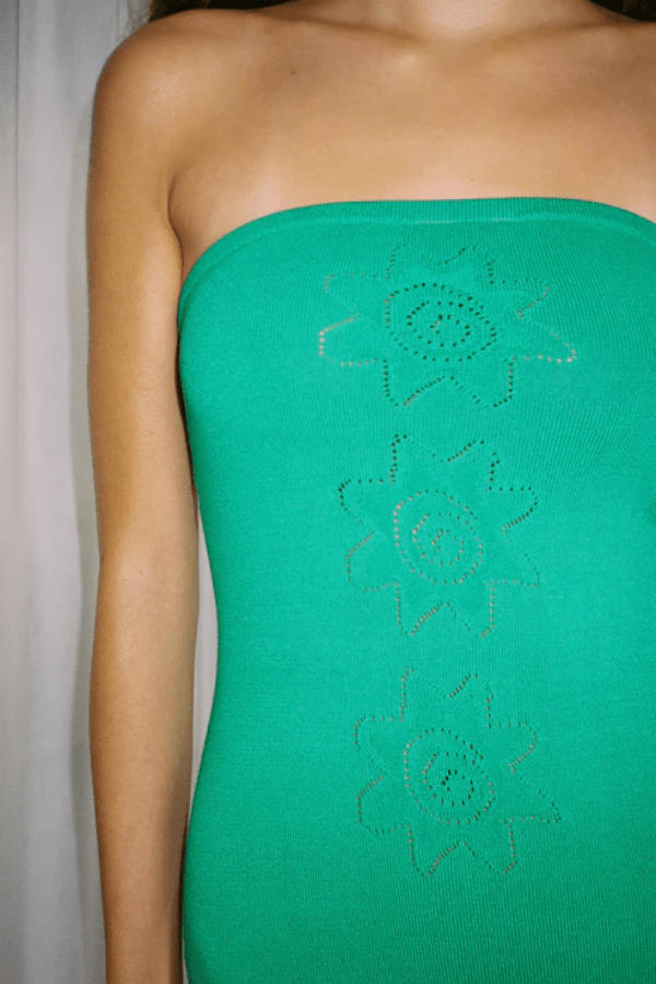 Bettina Strapless Tube Dress Amazon by The Wolf Gang – A stretchy knit mini with sun motif, perfect for tropical holidays or Euro summer nights.