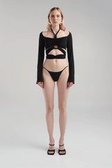 Redmar Black by Maygel Coronel, bold and elaborate top featuring a striking handmade knot, perfect for trendy casual looks and viral style statements.