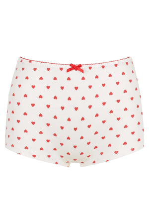 Hugo Short by KATH The Label, ribbed cotton boy-leg brief with red heart print and bows. No returns on bottoms. Perfect for lounging.