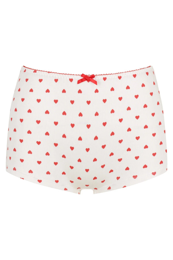 Hugo Short by KATH The Label, ribbed cotton boy-leg brief with red heart print and bows. No returns on bottoms. Perfect for lounging.