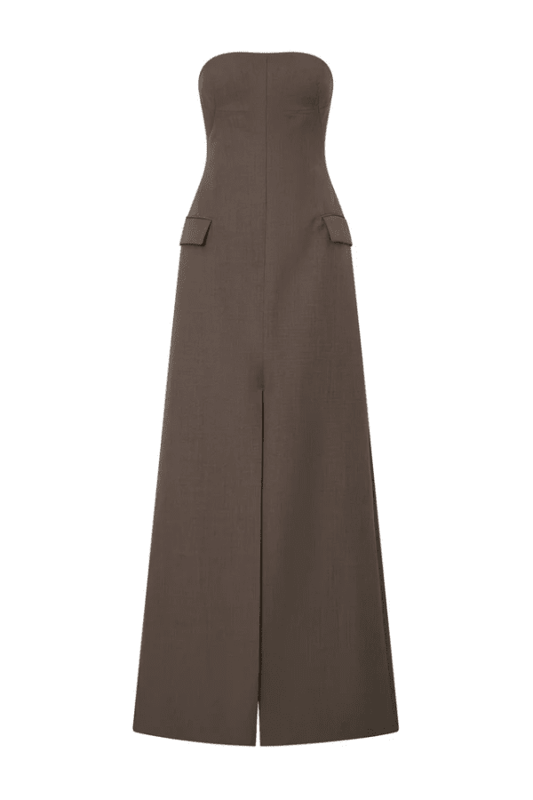 Emmett Dress Coffee by Camilla and Marc – A tailored maxi with structured internal bodice, elegant centre front split, and refined details, perfect for sophisticated occasions.