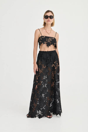 Margaux Skirt by Solaqua Studio, noir crochet floral lace maxi skirt with elastic waist and elegant fluid silhouette.