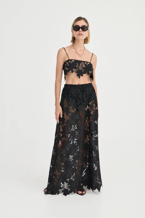 Margaux Skirt by Solaqua Studio, noir crochet floral lace maxi skirt with elastic waist and elegant fluid silhouette.