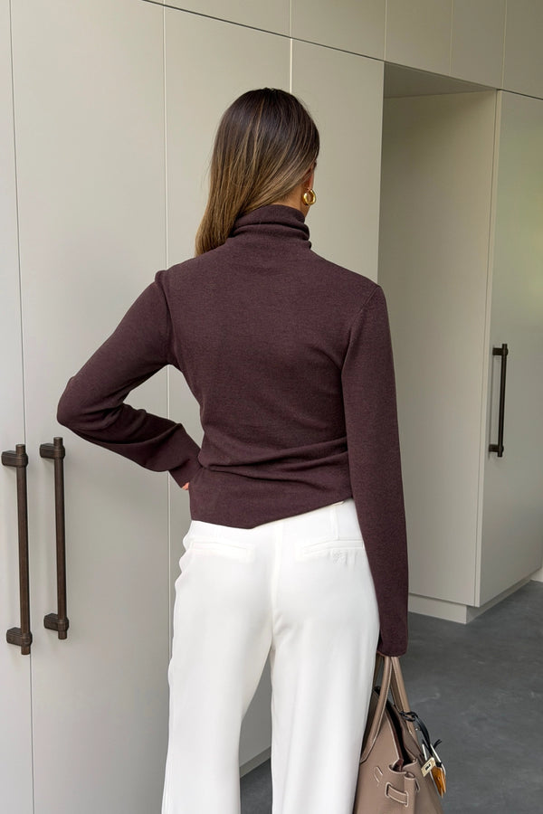 Ella Squire Wool Turtle Neck Long Sleeve Top Chocolate