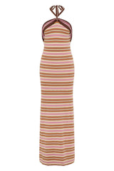 Axel Maxi Dress in Luis Stripe Dusty Mauve by Faithfull the Brand, a halter knit dress in mauve and olive tones. Perfect for warm-weather getaways.