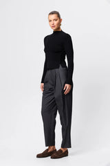 Windsor Knit Top Black by Mossman - slim fit knit top with extended neckline and button detail, designed for a refined modern silhouette.