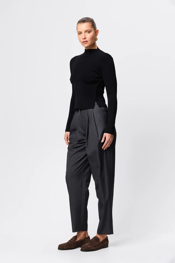 Windsor Knit Top Black by Mossman - slim fit knit top with extended neckline and button detail, designed for a refined modern silhouette.