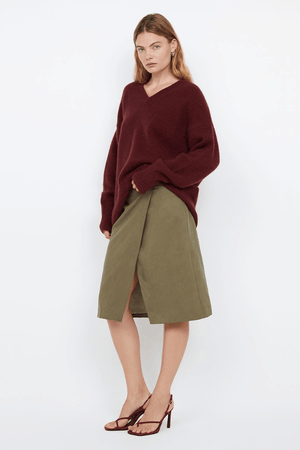 Campbell V Neck Jumper Plum by Bec + Bridge – Soft mohair blend knit with a flattering V neckline, ribbed collar and cuffs. Relaxed fit with dropped shoulders and pull-on style. Cold hand wash.