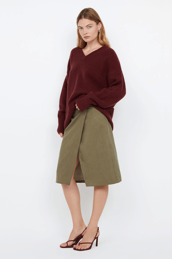 Campbell V Neck Jumper Plum by Bec + Bridge – Soft mohair blend knit with a flattering V neckline, ribbed collar and cuffs. Relaxed fit with dropped shoulders and pull-on style. Cold hand wash.