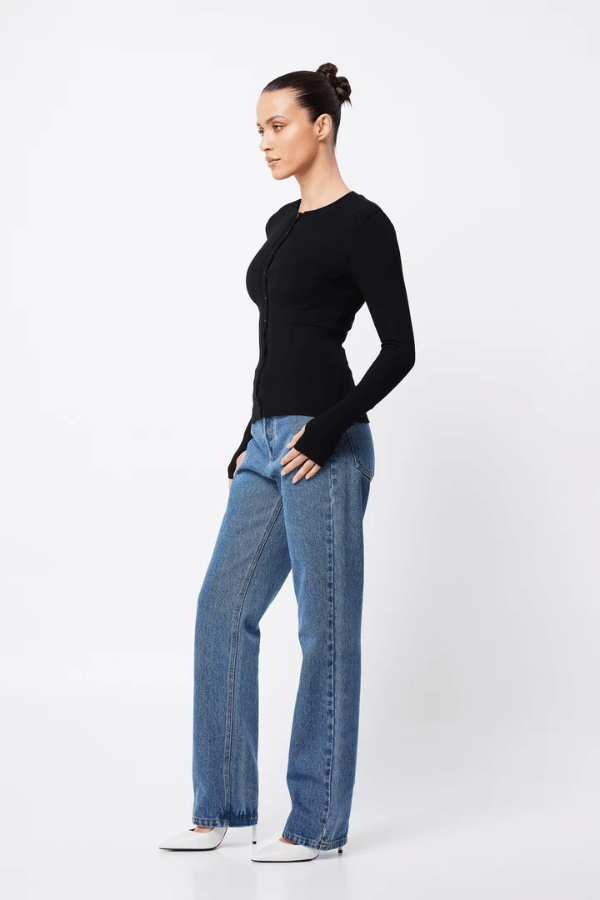 Lyon Cardigan Black by Mossman, soft double-layer ribbed jersey with round neckline and thumb holes, perfect for trendy viral layering and cozy day-to-night style.