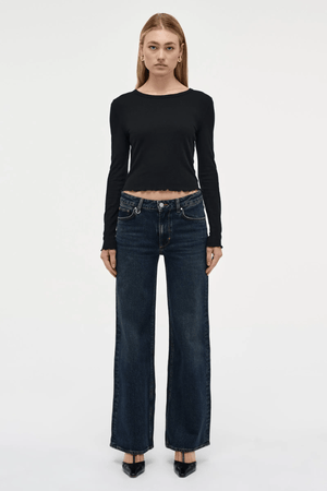 Eva Wide Memphis by Summi Summi, trendy mid-rise pants with a flattering A-line, wide-leg fit. Perfect for effortless movement and elongating the frame with signature repair stitch and fob ring detailing.