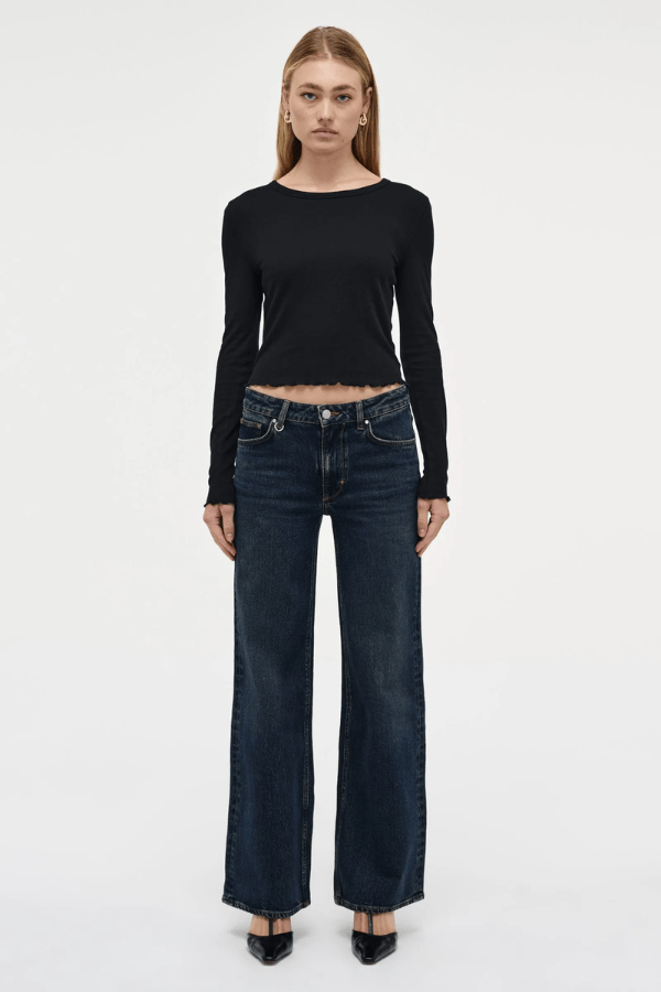 Eva Wide Memphis by Summi Summi, trendy mid-rise pants with a flattering A-line, wide-leg fit. Perfect for effortless movement and elongating the frame with signature repair stitch and fob ring detailing.